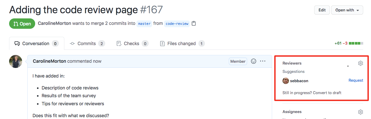 An example of GitHub's pull request feature.
