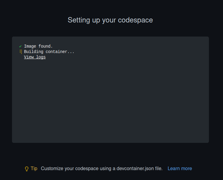 A screenshot showing the "Setting up your codespace" screen.