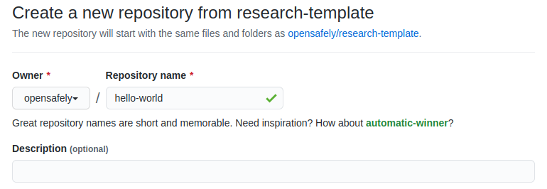 Entering a name, owner and description, when creating a repository from the research template.
