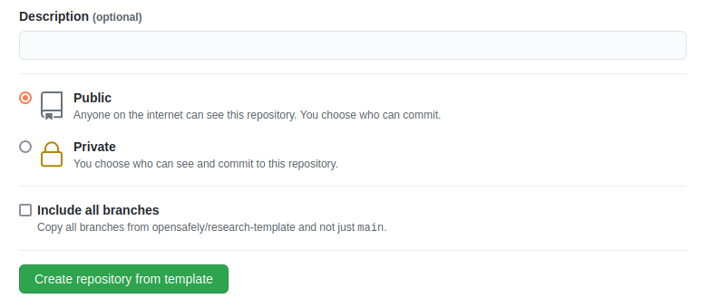 Entering a description and choosing to make a repository public or private, when creating a repository from the research template.