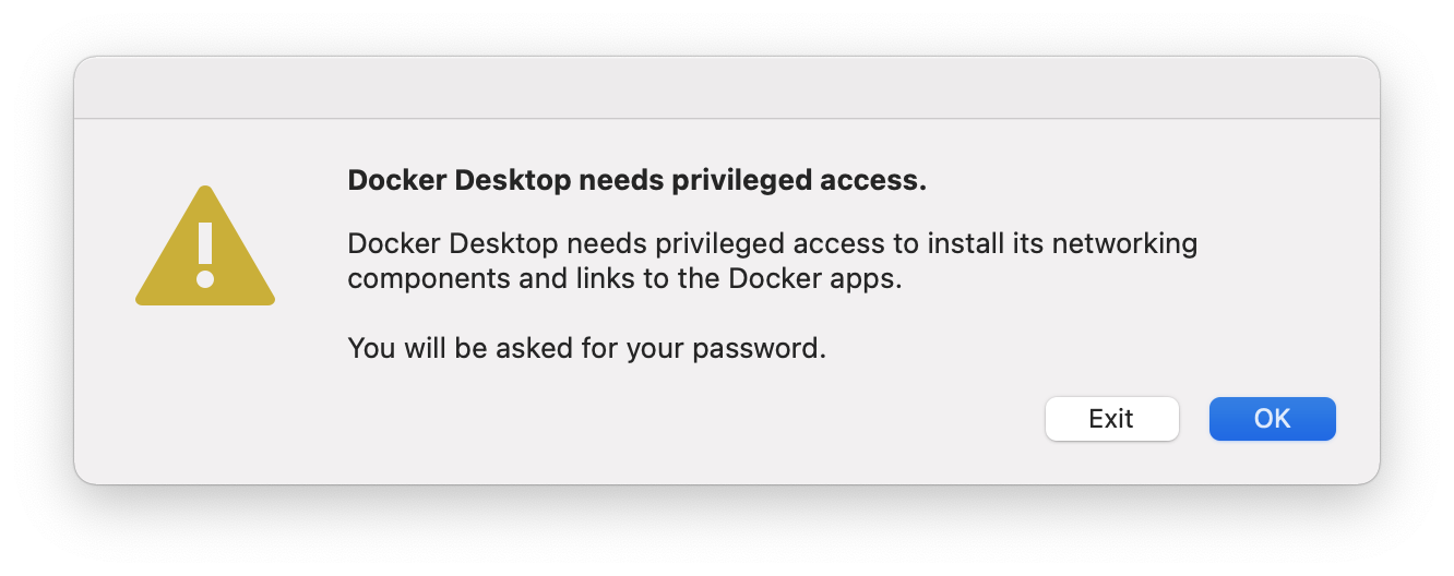 macOS prompting for Docker's privileged access.