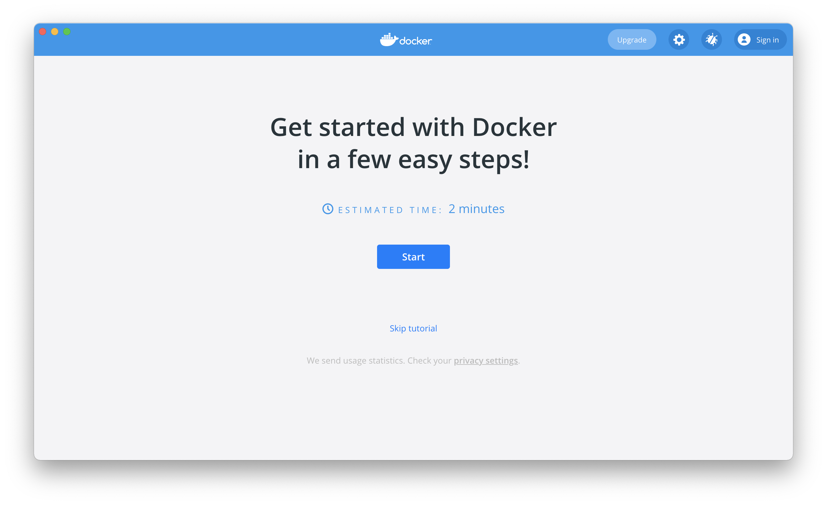 macOS Docker's getting started screen.