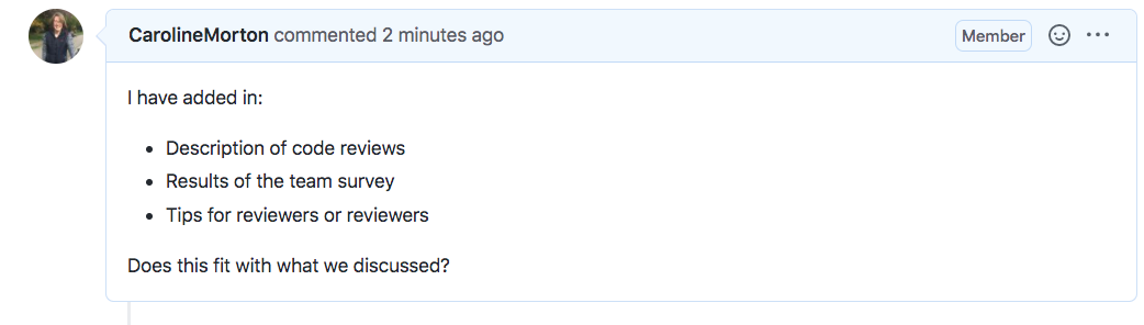 An example of a pull request description as shown on GitHub.